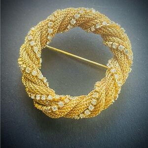 Vintage Signed HOBE Twisted Mesh Brooch - Gold with Rhinestones